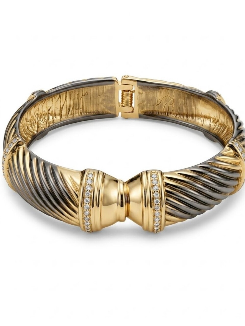 Vtg Gold Tone Textured Hinged Bracelet with Crystal Accents